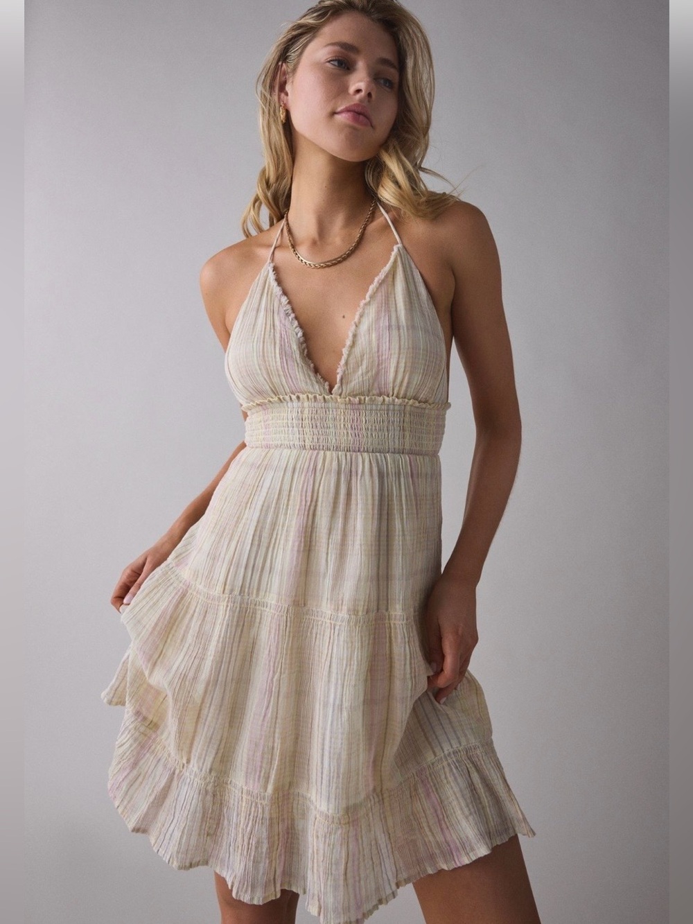 Urban Outfitters Kimchi Blue Phoebe Yellow Multi Open Back Halter Tiered Knee M - Picture 1 of 16